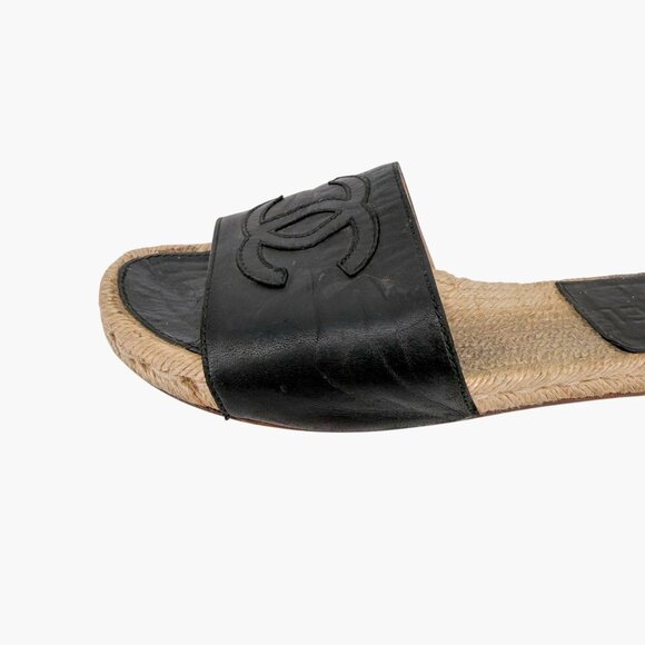 Chanel Black Leather CC Espadrille Slide Sandals Flats Size 38 US 7–7.5 Women's - Picture 8 of 15